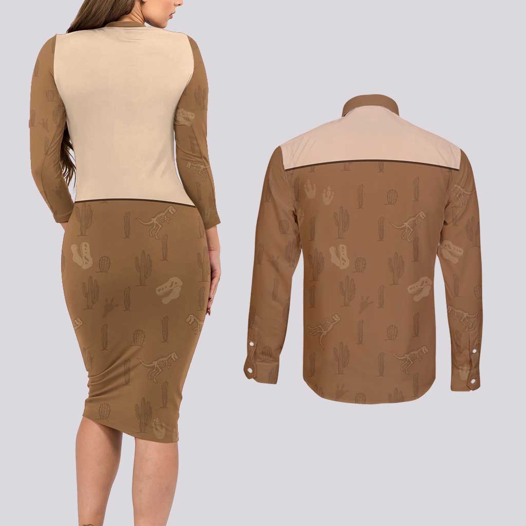 Cowgirl Dinosaur Couples Matching Long Sleeve Bodycon Dress and Long Sleeve Button Shirt Retro Western Yoke - Wonder Print Shop