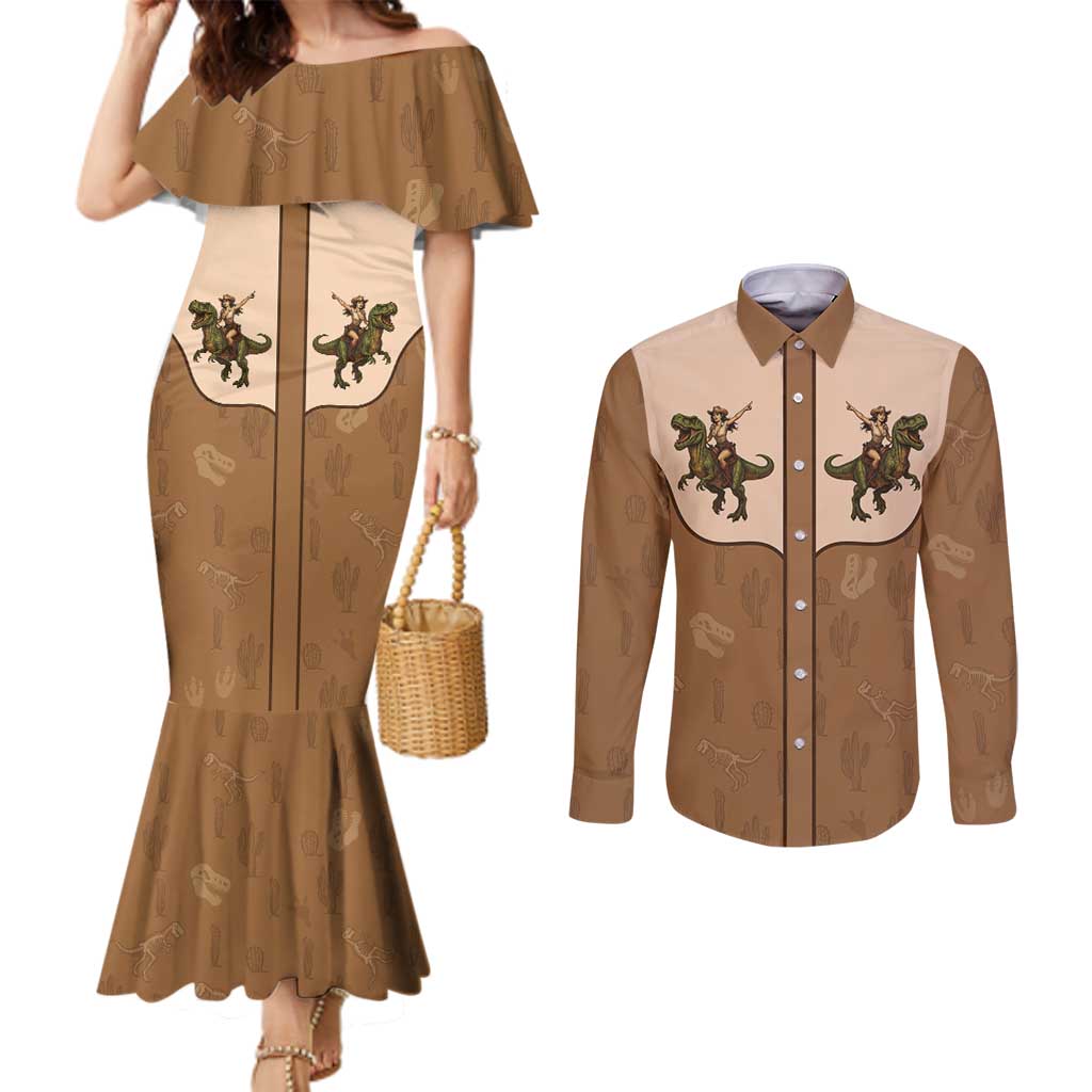 Cowgirl Dinosaur Couples Matching Mermaid Dress and Long Sleeve Button Shirt Retro Western Yoke - Wonder Print Shop