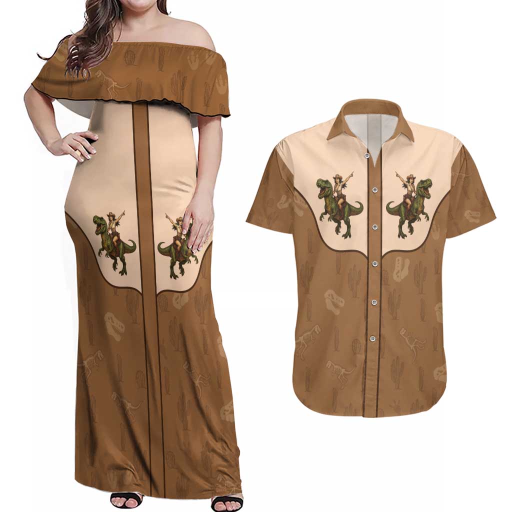 Cowgirl Dinosaur Couples Matching Off Shoulder Maxi Dress and Hawaiian Shirt Retro Western Yoke - Wonder Print Shop