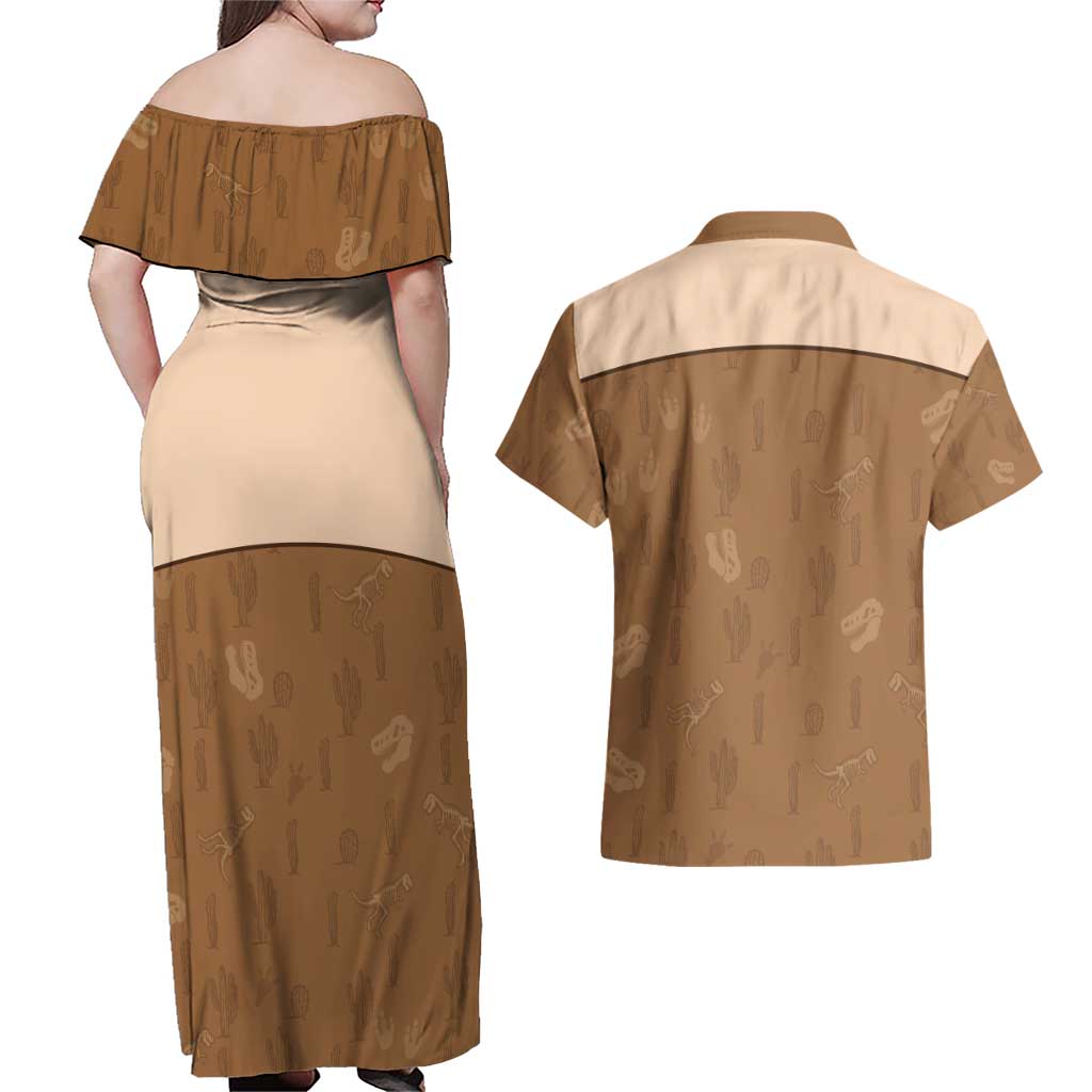 Cowgirl Dinosaur Couples Matching Off Shoulder Maxi Dress and Hawaiian Shirt Retro Western Yoke - Wonder Print Shop