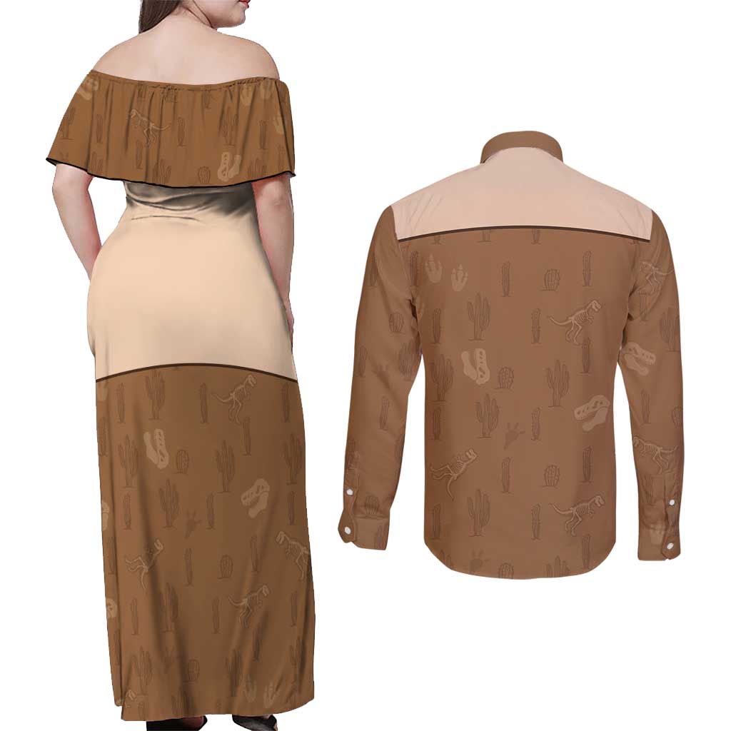 Cowgirl Dinosaur Couples Matching Off Shoulder Maxi Dress and Long Sleeve Button Shirt Retro Western Yoke - Wonder Print Shop