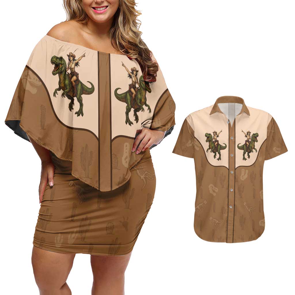 Cowgirl Dinosaur Couples Matching Off Shoulder Short Dress and Hawaiian Shirt Retro Western Yoke - Wonder Print Shop