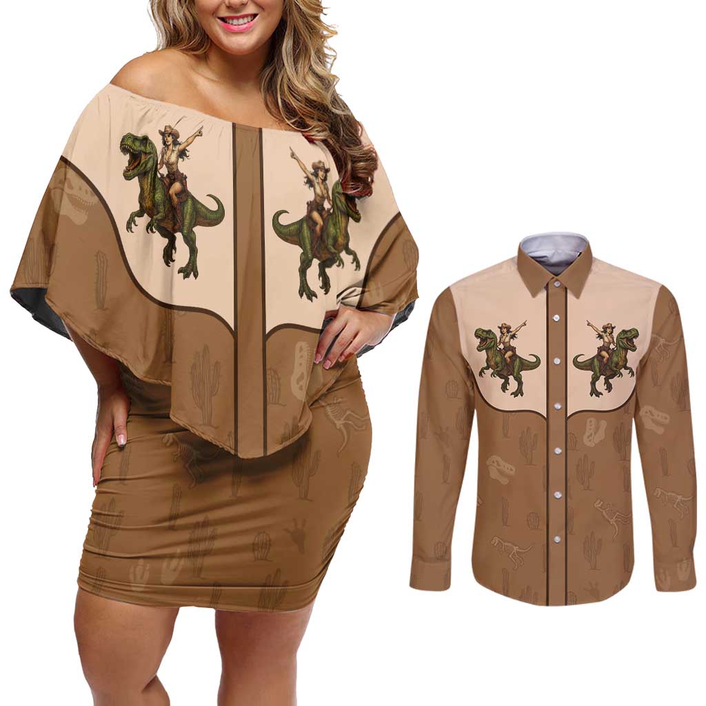 Cowgirl Dinosaur Couples Matching Off Shoulder Short Dress and Long Sleeve Button Shirt Retro Western Yoke - Wonder Print Shop