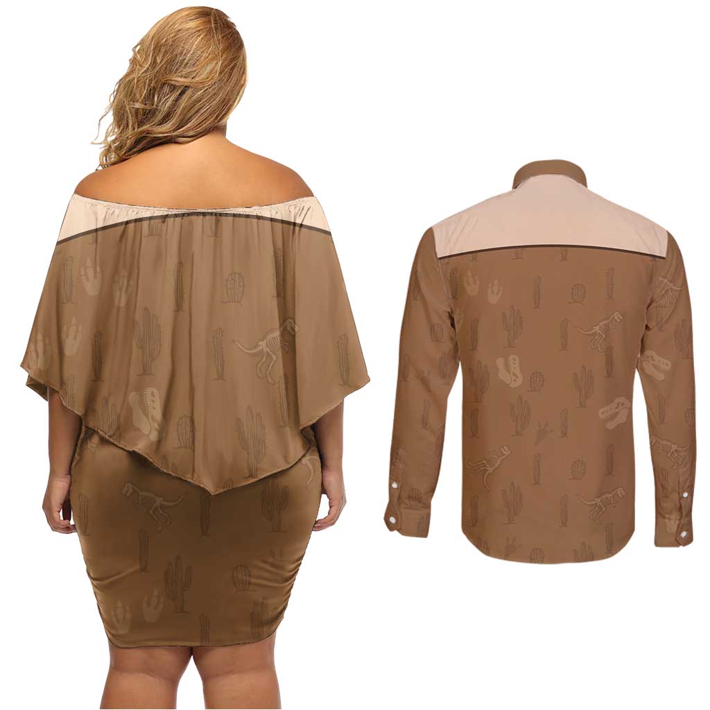Cowgirl Dinosaur Couples Matching Off Shoulder Short Dress and Long Sleeve Button Shirt Retro Western Yoke - Wonder Print Shop