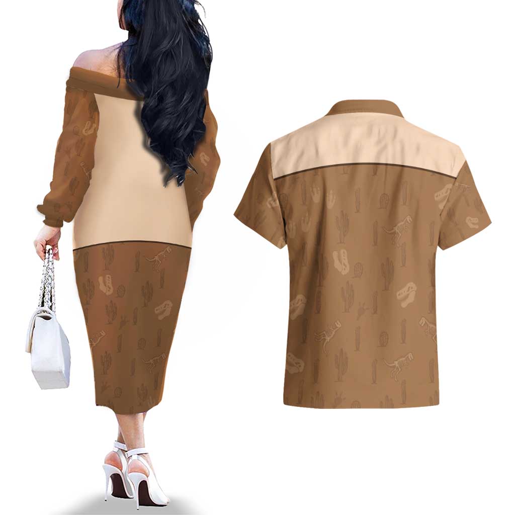 Cowgirl Dinosaur Couples Matching Off The Shoulder Long Sleeve Dress and Hawaiian Shirt Retro Western Yoke - Wonder Print Shop