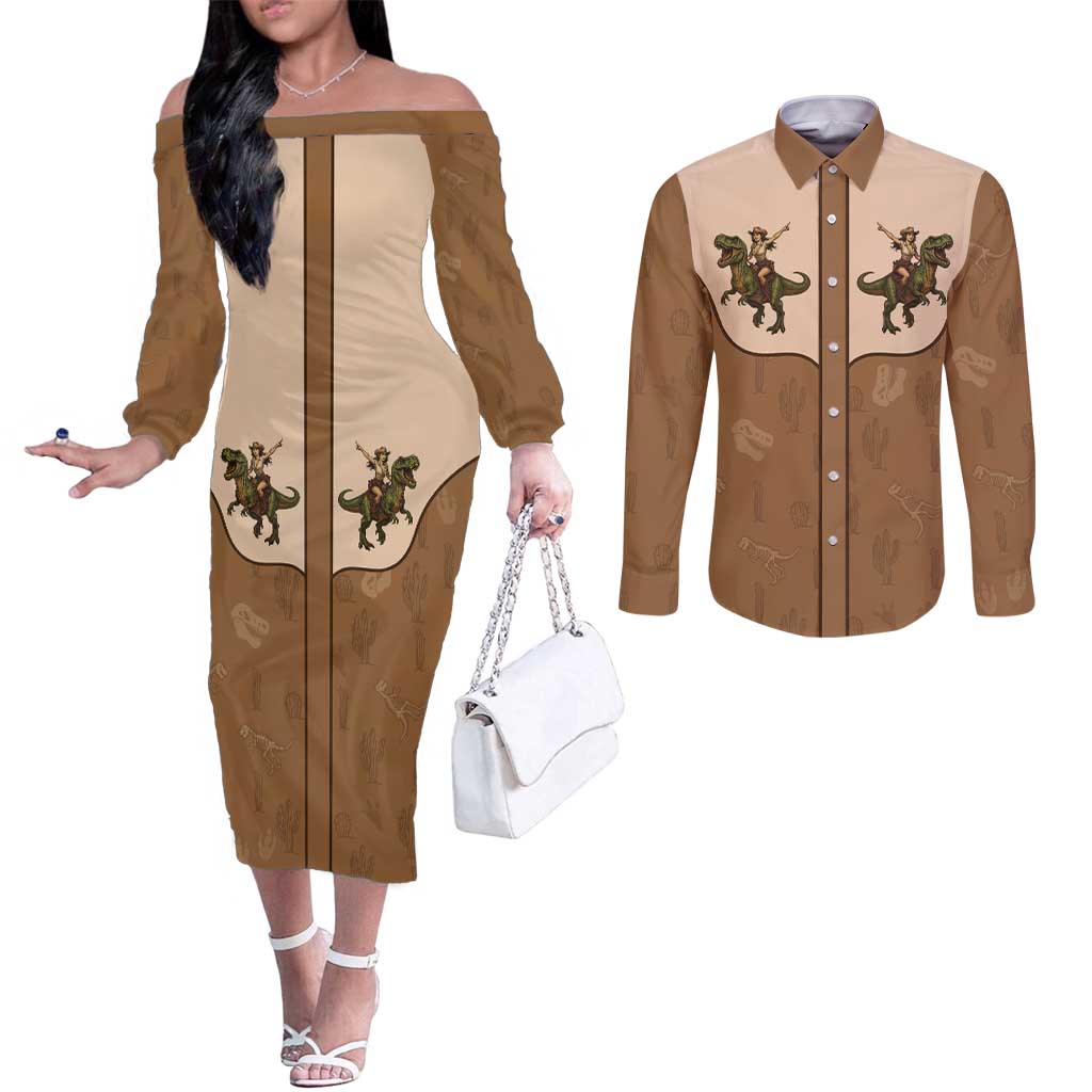 Cowgirl Dinosaur Couples Matching Off The Shoulder Long Sleeve Dress and Long Sleeve Button Shirt Retro Western Yoke - Wonder Print Shop