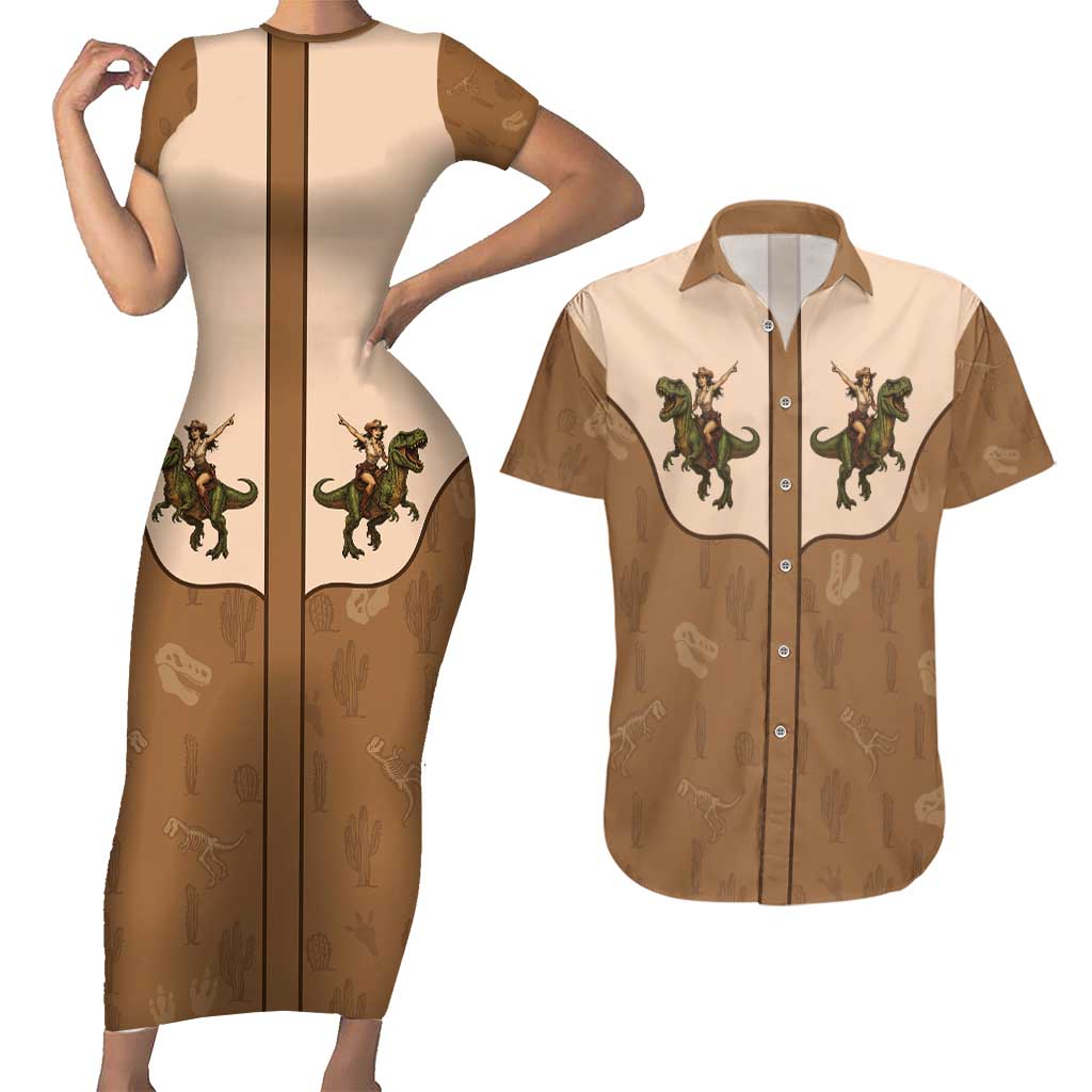 Cowgirl Dinosaur Couples Matching Short Sleeve Bodycon Dress and Hawaiian Shirt Retro Western Yoke - Wonder Print Shop