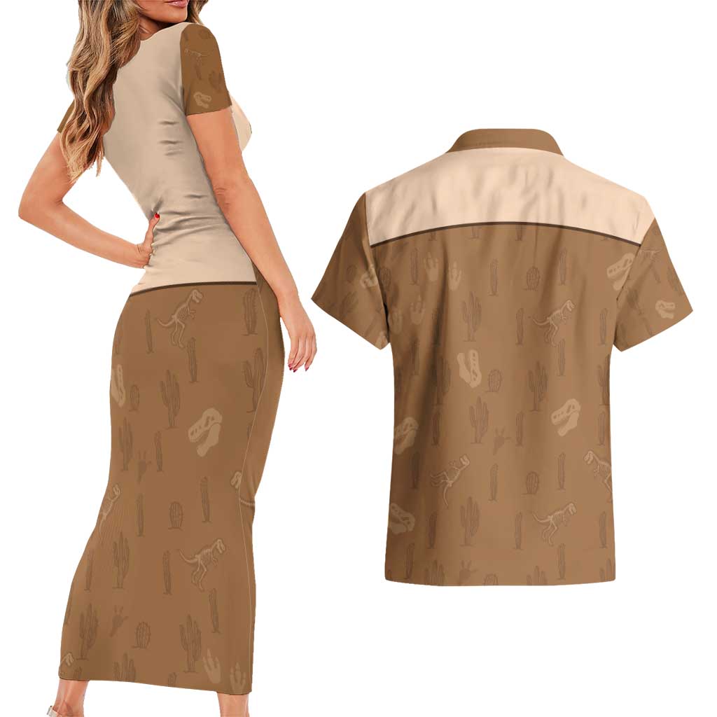 Cowgirl Dinosaur Couples Matching Short Sleeve Bodycon Dress and Hawaiian Shirt Retro Western Yoke - Wonder Print Shop