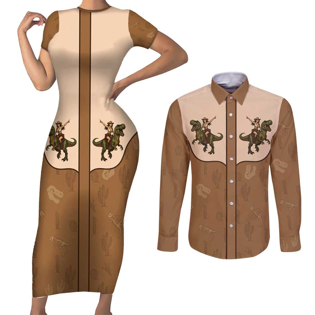 Cowgirl Dinosaur Couples Matching Short Sleeve Bodycon Dress and Long Sleeve Button Shirt Retro Western Yoke - Wonder Print Shop