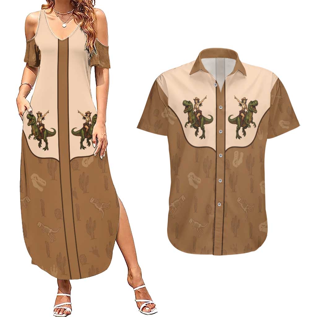 Cowgirl Dinosaur Couples Matching Summer Maxi Dress and Hawaiian Shirt Retro Western Yoke - Wonder Print Shop