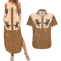 Cowgirl Dinosaur Couples Matching Summer Maxi Dress and Hawaiian Shirt Retro Western Yoke - Wonder Print Shop