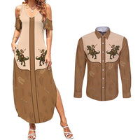 Cowgirl Dinosaur Couples Matching Summer Maxi Dress and Long Sleeve Button Shirt Retro Western Yoke - Wonder Print Shop