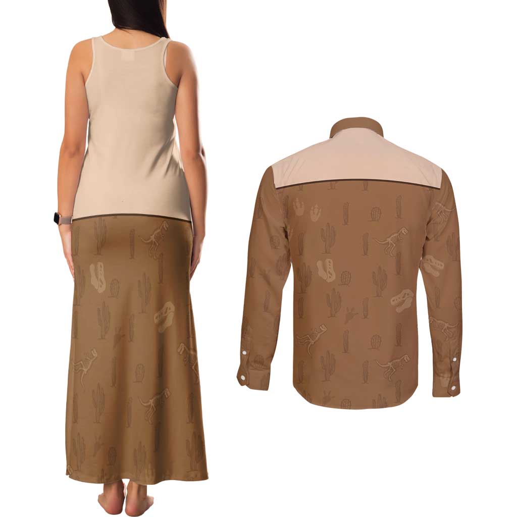 Cowgirl Dinosaur Couples Matching Tank Maxi Dress and Long Sleeve Button Shirt Retro Western Yoke - Wonder Print Shop