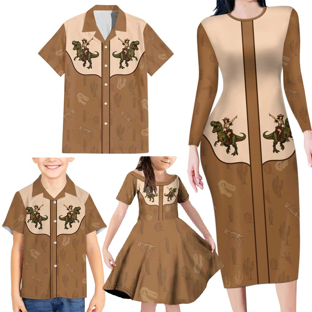 Cowgirl Dinosaur Family Matching Long Sleeve Bodycon Dress and Hawaiian Shirt Retro Western Yoke - Wonder Print Shop