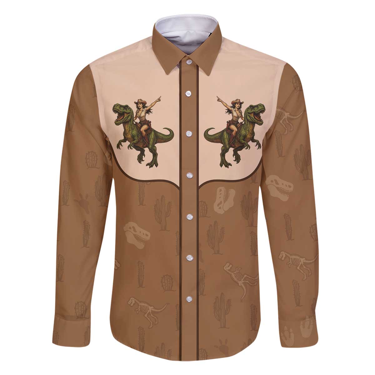 Cowgirl Dinosaur Family Matching Off The Shoulder Long Sleeve Dress and Hawaiian Shirt Retro Western Yoke - Wonder Print Shop