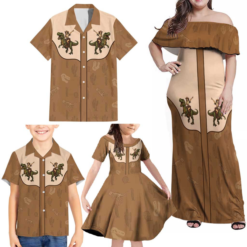 Cowgirl Dinosaur Family Matching Off Shoulder Maxi Dress and Hawaiian Shirt Retro Western Yoke - Wonder Print Shop
