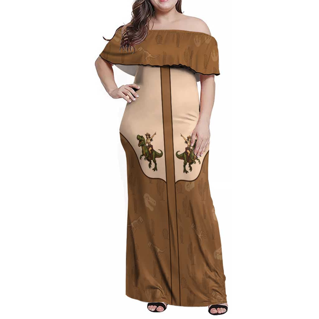 Cowgirl Dinosaur Family Matching Off Shoulder Maxi Dress and Hawaiian Shirt Retro Western Yoke - Wonder Print Shop