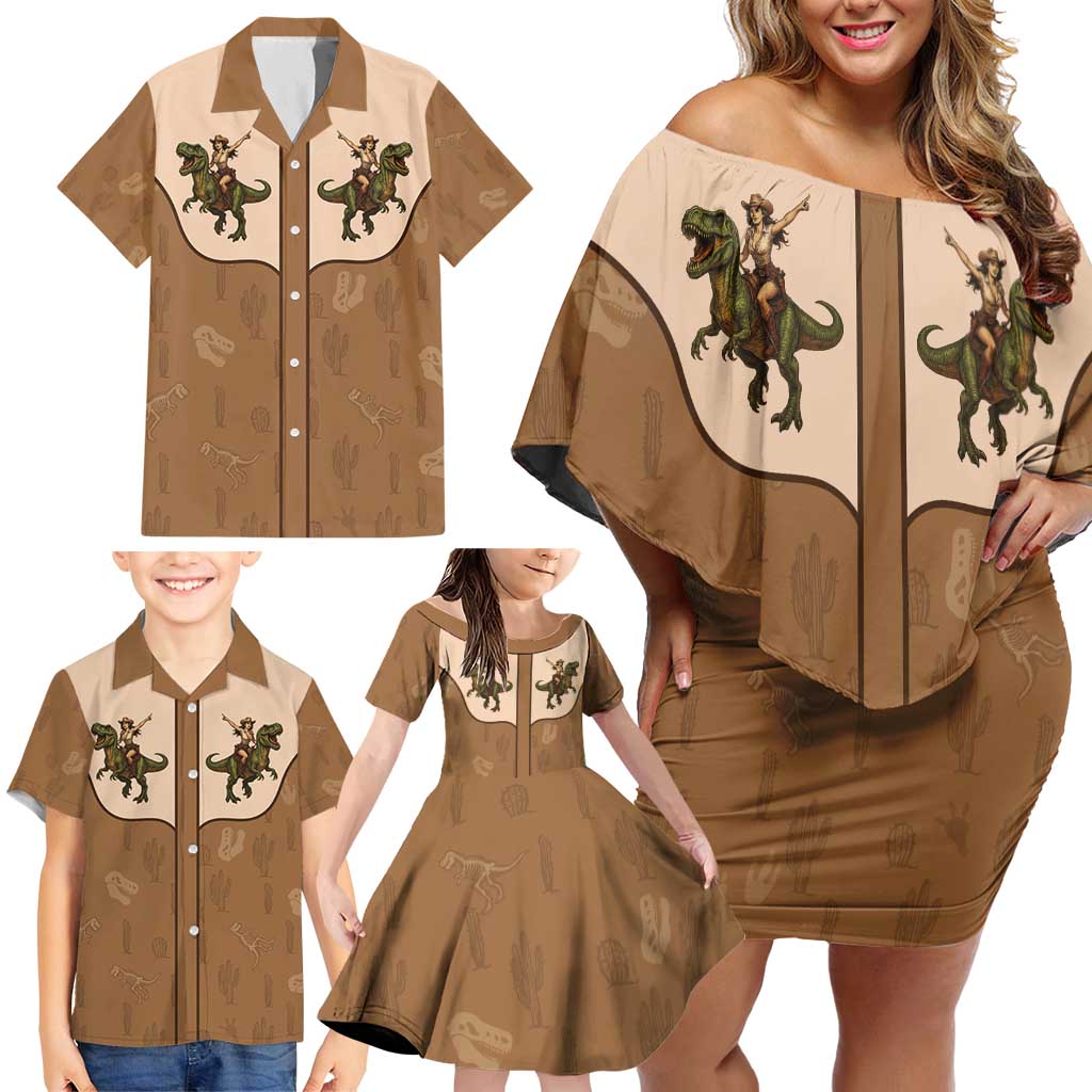 Cowgirl Dinosaur Family Matching Off Shoulder Short Dress and Hawaiian Shirt Retro Western Yoke - Wonder Print Shop