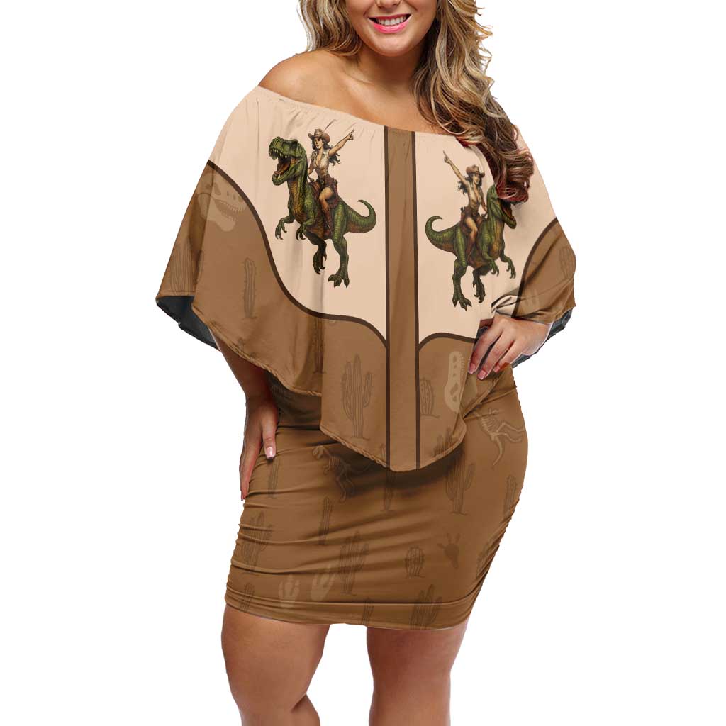 Cowgirl Dinosaur Family Matching Off Shoulder Short Dress and Hawaiian Shirt Retro Western Yoke - Wonder Print Shop