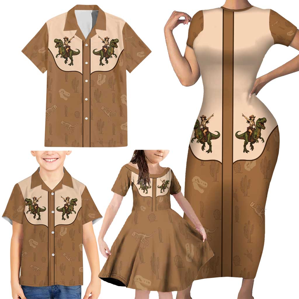 Cowgirl Dinosaur Family Matching Short Sleeve Bodycon Dress and Hawaiian Shirt Retro Western Yoke - Wonder Print Shop
