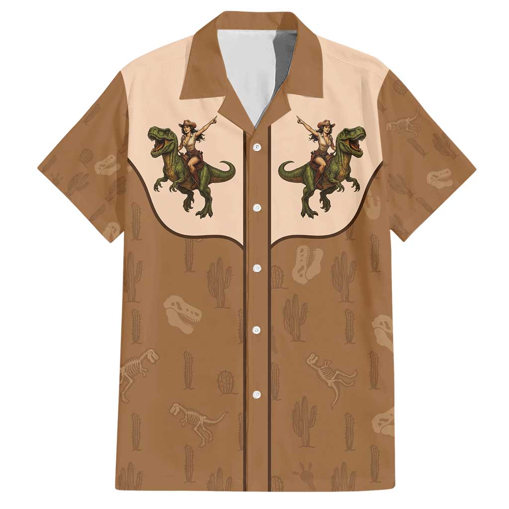 Cowgirl Dinosaur Family Matching Short Sleeve Bodycon Dress and Hawaiian Shirt Retro Western Yoke - Wonder Print Shop