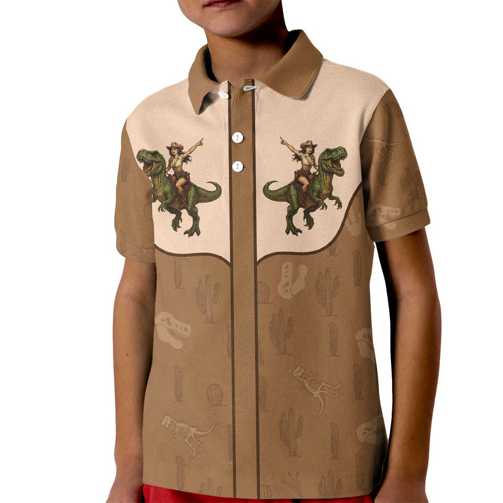 Cowgirl Dinosaur Kid Polo Shirt Retro Western Yoke - Wonder Print Shop