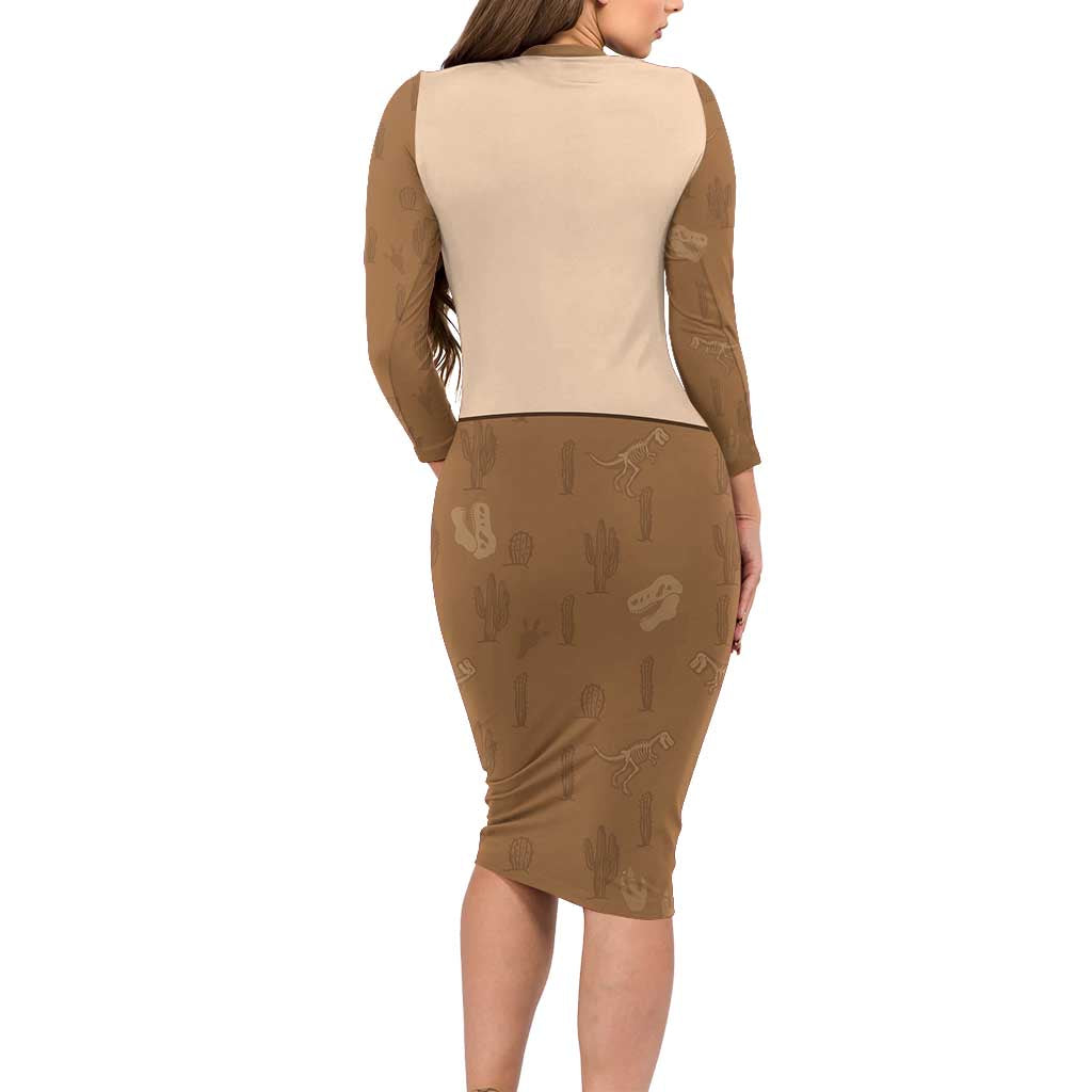 Cowgirl Dinosaur Long Sleeve Bodycon Dress Retro Western Yoke - Wonder Print Shop