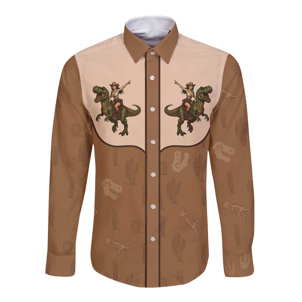 Cowgirl Dinosaur Long Sleeve Button Shirt Retro Western Yoke - Wonder Print Shop