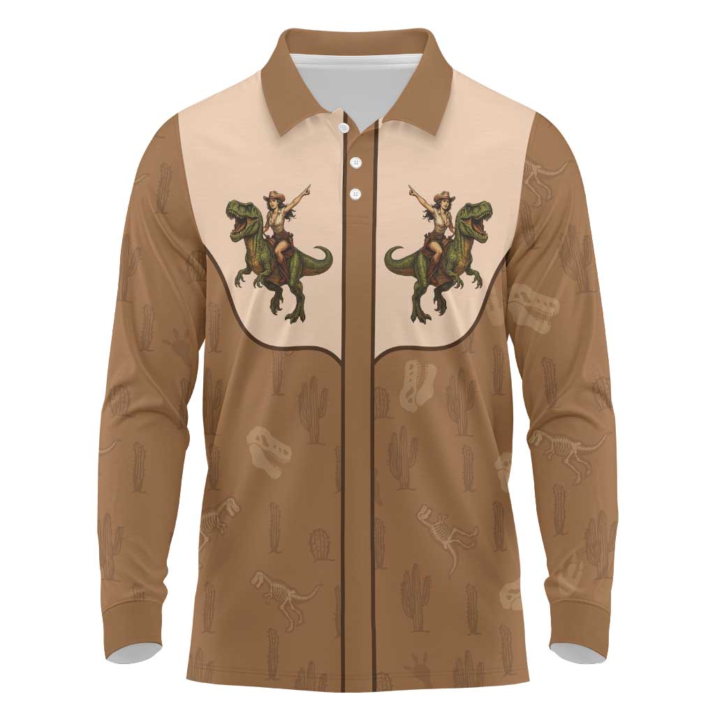 Cowgirl Dinosaur Long Sleeve Polo Shirt Retro Western Yoke - Wonder Print Shop