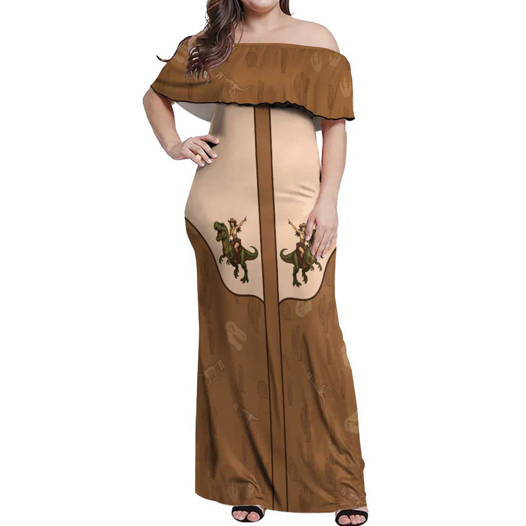Cowgirl Dinosaur Off Shoulder Maxi Dress Retro Western Yoke - Wonder Print Shop