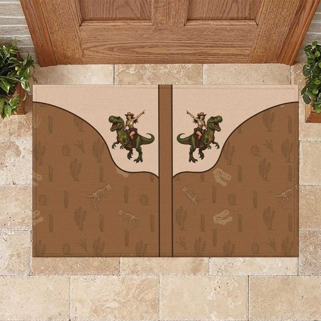 Cowgirl Dinosaur Rubber Doormat Retro Western Yoke - Wonder Print Shop