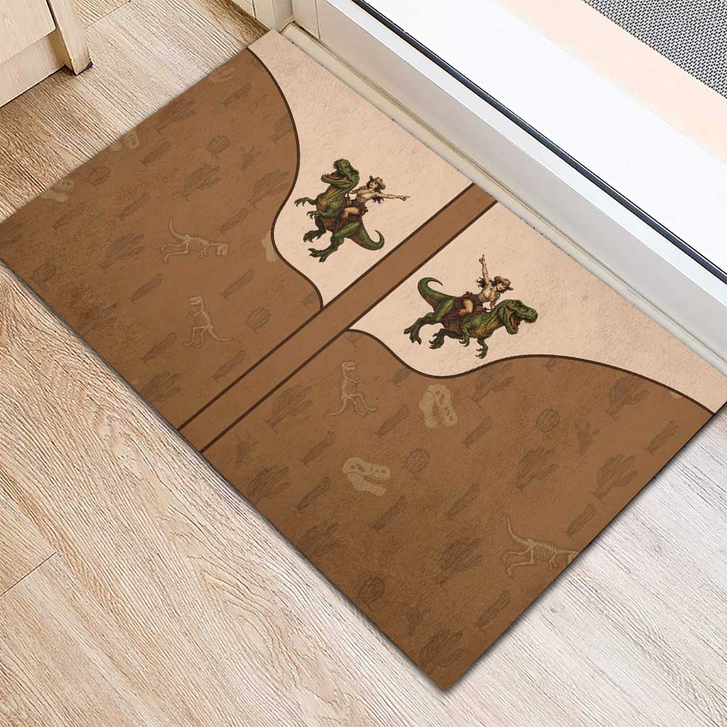 Cowgirl Dinosaur Rubber Doormat Retro Western Yoke - Wonder Print Shop