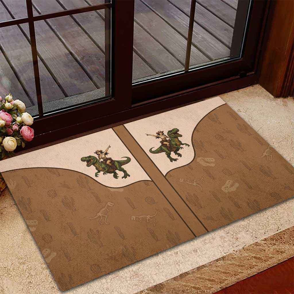 Cowgirl Dinosaur Rubber Doormat Retro Western Yoke - Wonder Print Shop