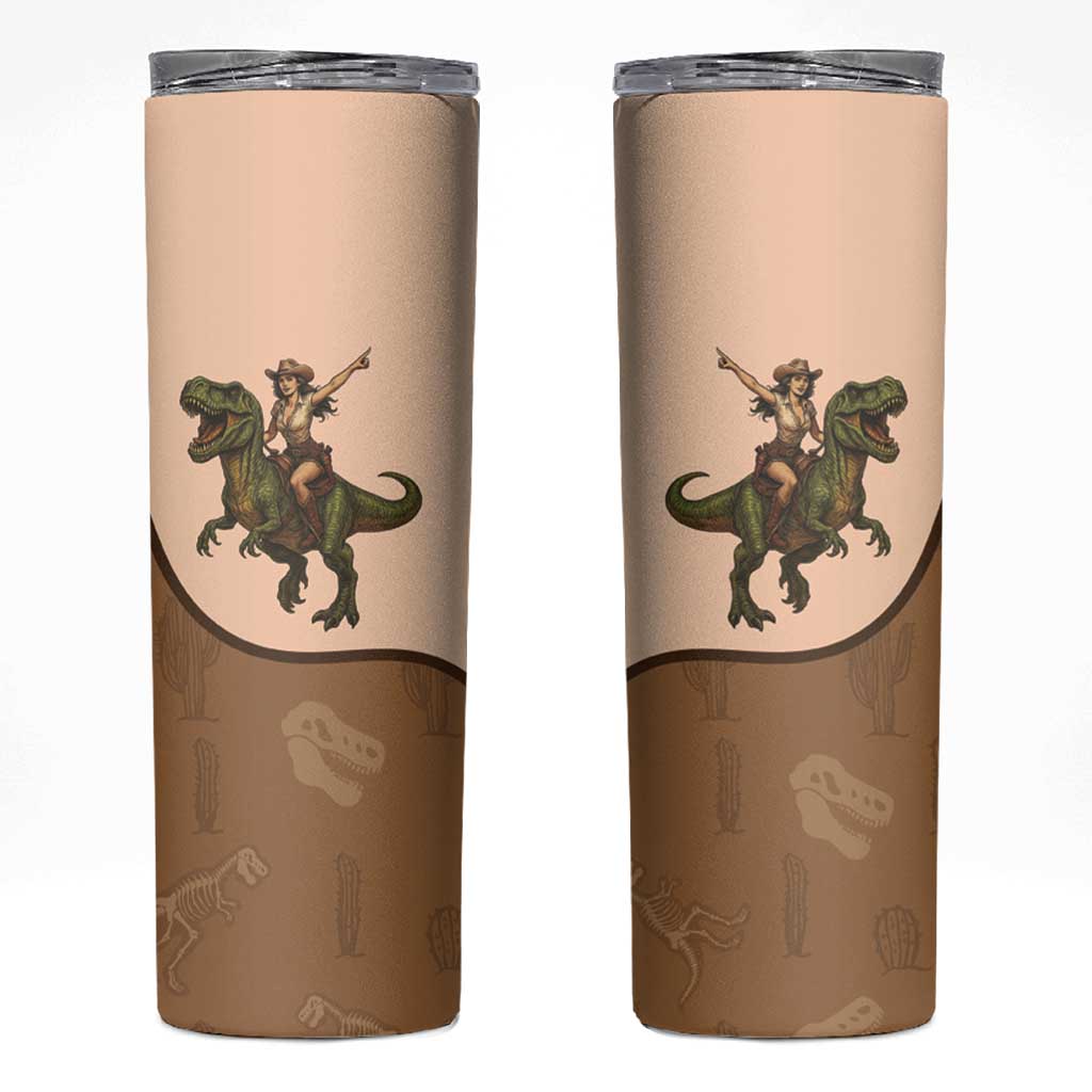 Cowgirl Dinosaur Skinny Tumbler Retro Western Yoke - Wonder Print Shop
