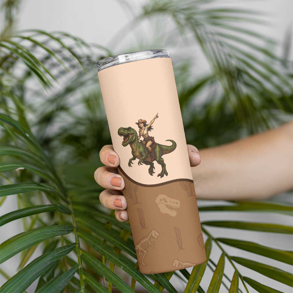 Cowgirl Dinosaur Skinny Tumbler Retro Western Yoke - Wonder Print Shop