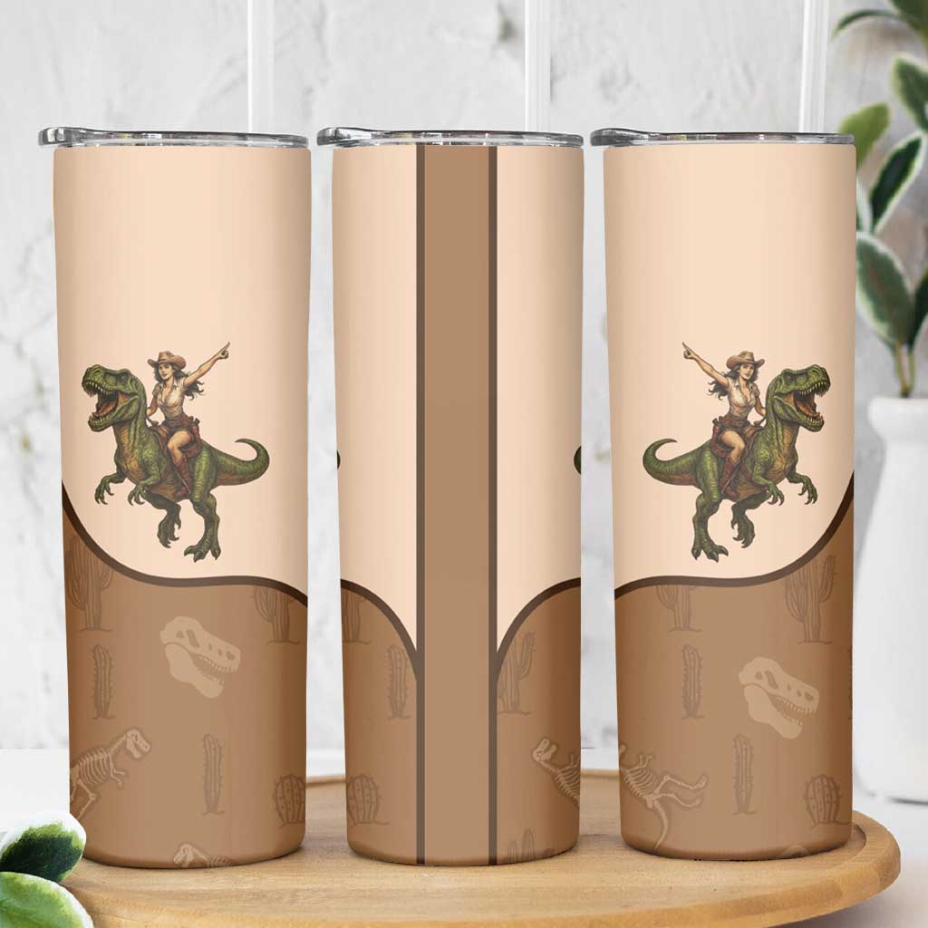 Cowgirl Dinosaur Skinny Tumbler Retro Western Yoke - Wonder Print Shop