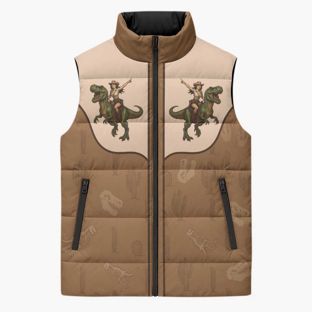 Cowgirl Dinosaur Sleeveless Puffer Jacket Retro Western Yoke - Wonder Print Shop