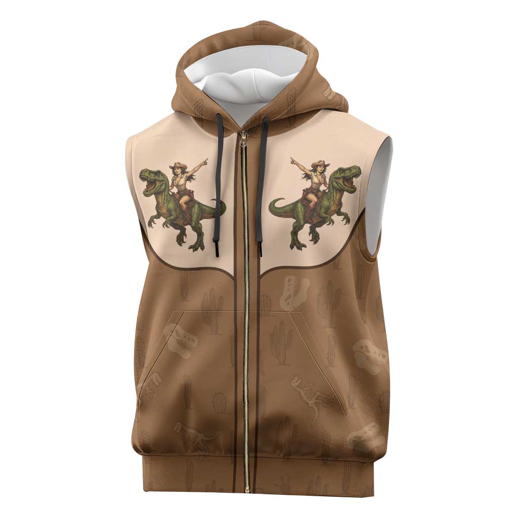 Cowgirl Dinosaur Sleeveless Zip Hoodie Retro Western Yoke - Wonder Print Shop