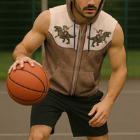 Cowgirl Dinosaur Sleeveless Zip Hoodie Retro Western Yoke - Wonder Print Shop