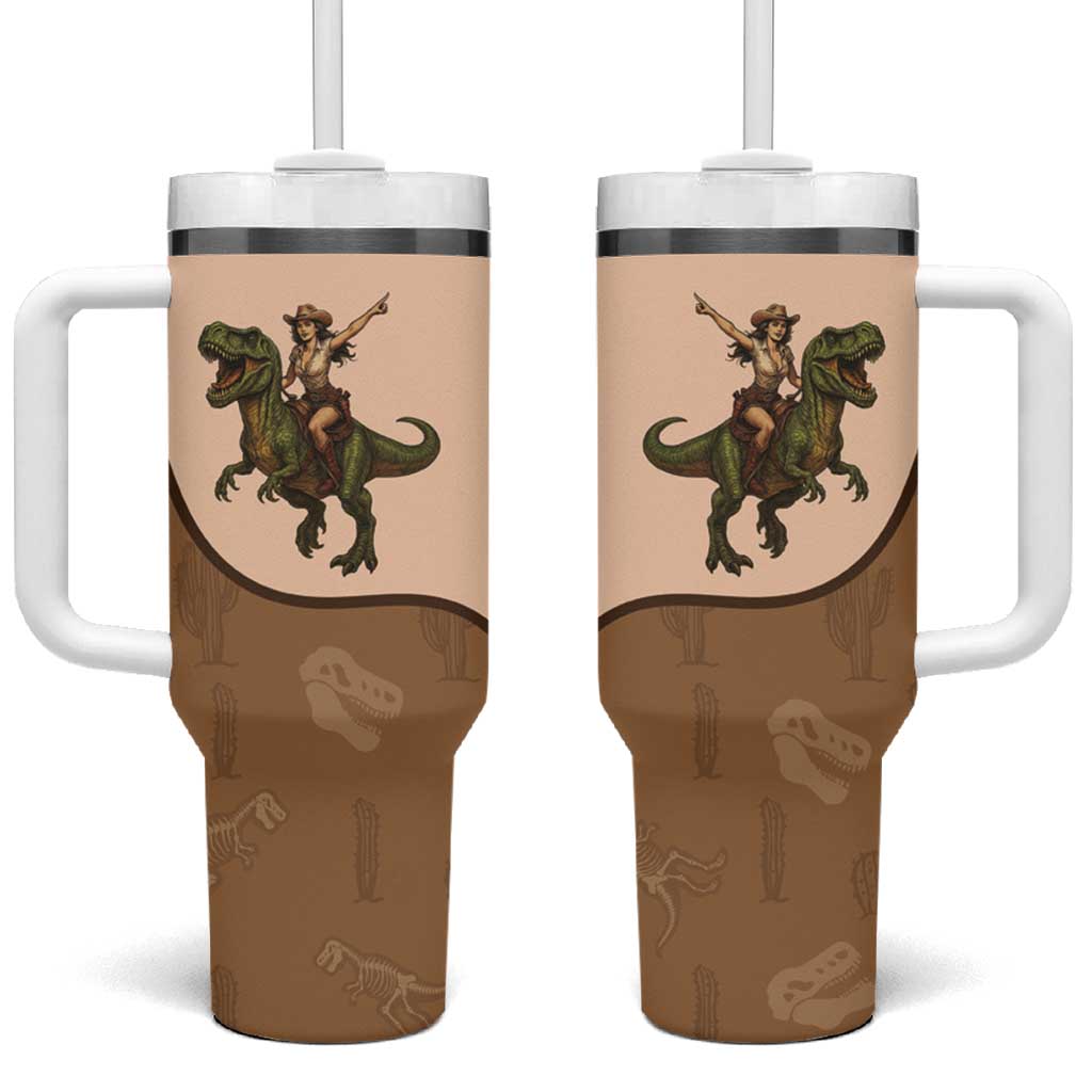 Cowgirl Dinosaur Tumbler With Handle Retro Western Yoke - Wonder Print Shop