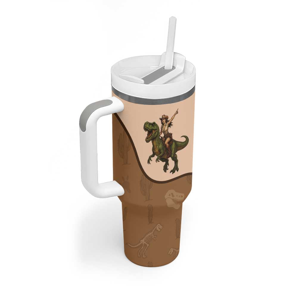 Cowgirl Dinosaur Tumbler With Handle Retro Western Yoke - Wonder Print Shop