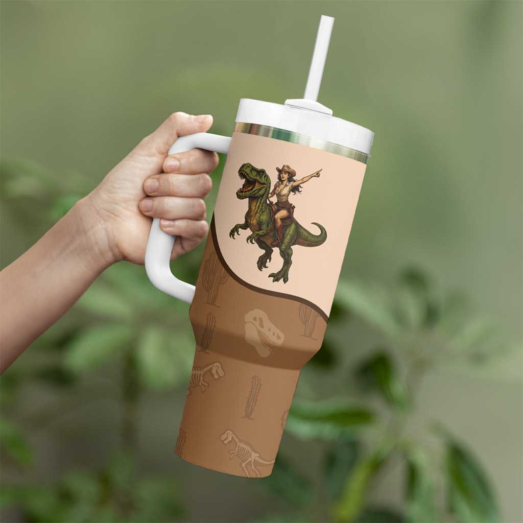 Cowgirl Dinosaur Tumbler With Handle Retro Western Yoke - Wonder Print Shop