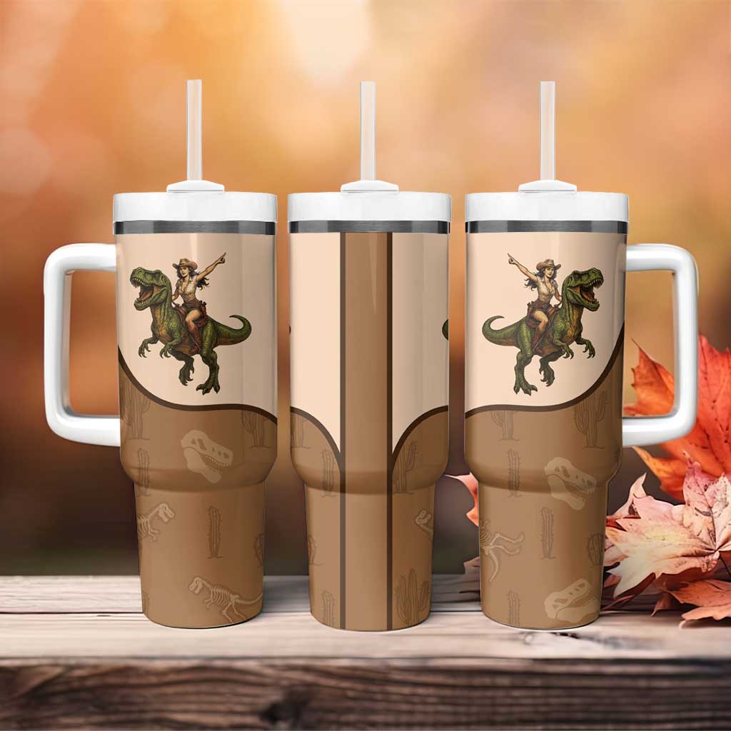 Cowgirl Dinosaur Tumbler With Handle Retro Western Yoke - Wonder Print Shop