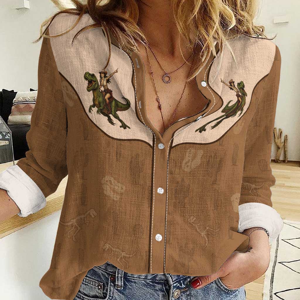 Cowgirl Dinosaur Women Casual Shirt Retro Western Yoke - Wonder Print Shop