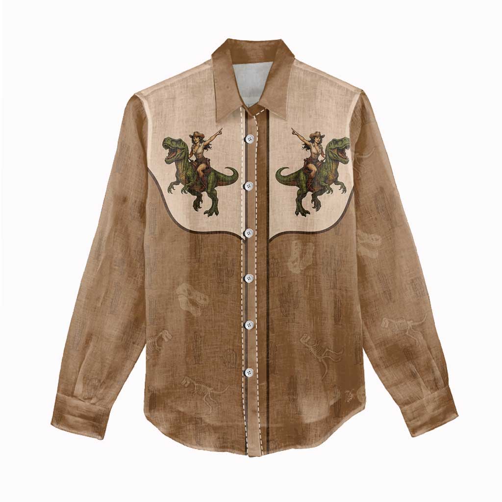 Cowgirl Dinosaur Women Casual Shirt Retro Western Yoke - Wonder Print Shop