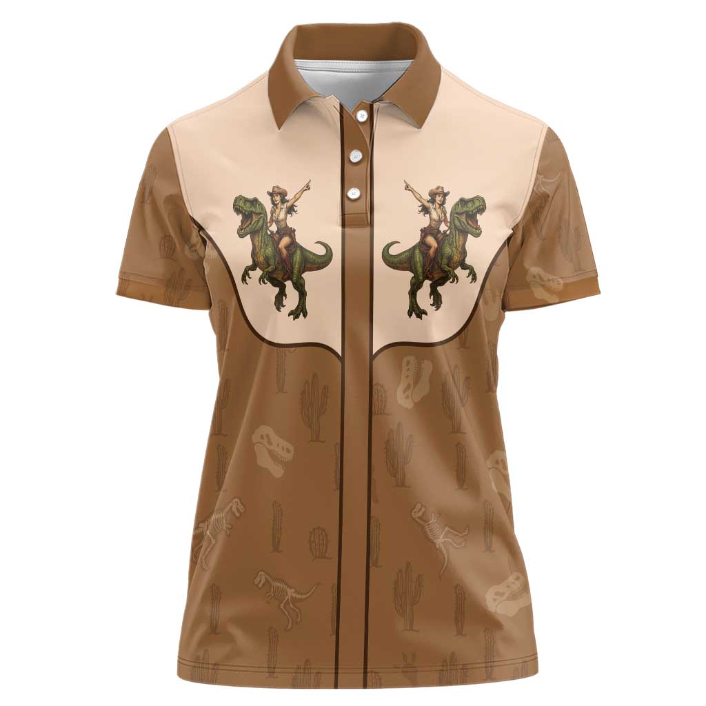Cowgirl Dinosaur Women Polo Shirt Retro Western Yoke - Wonder Print Shop