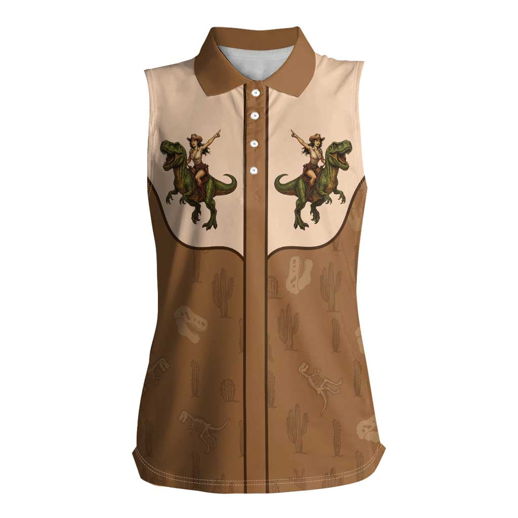 Cowgirl Dinosaur Women Sleeveless Polo Shirt Retro Western Yoke - Wonder Print Shop