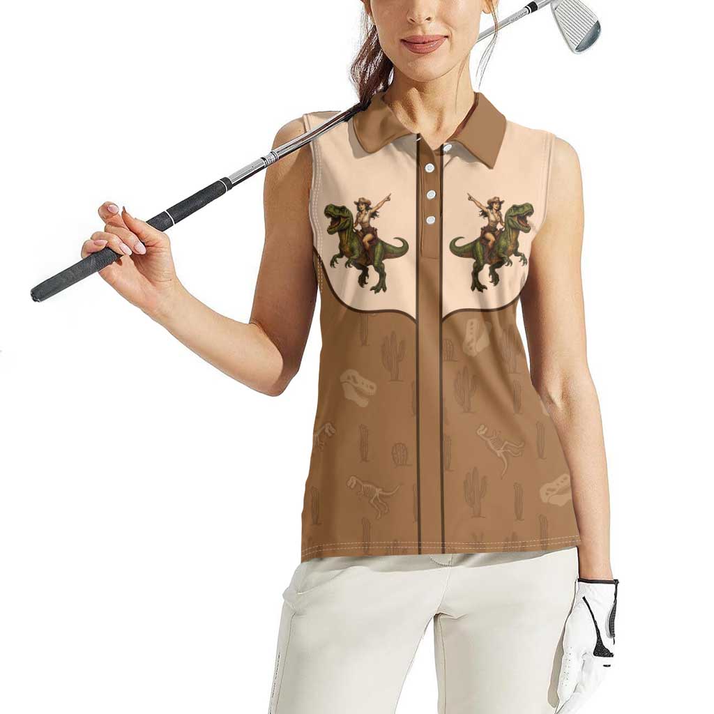 Cowgirl Dinosaur Women Sleeveless Polo Shirt Retro Western Yoke - Wonder Print Shop