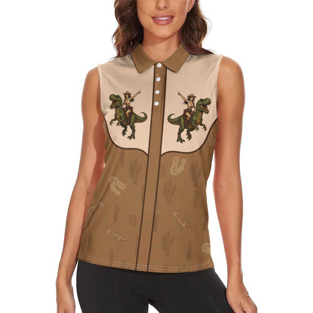 Cowgirl Dinosaur Women Sleeveless Polo Shirt Retro Western Yoke - Wonder Print Shop