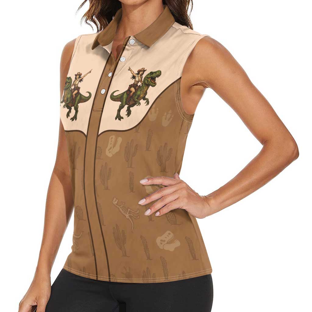 Cowgirl Dinosaur Women Sleeveless Polo Shirt Retro Western Yoke - Wonder Print Shop